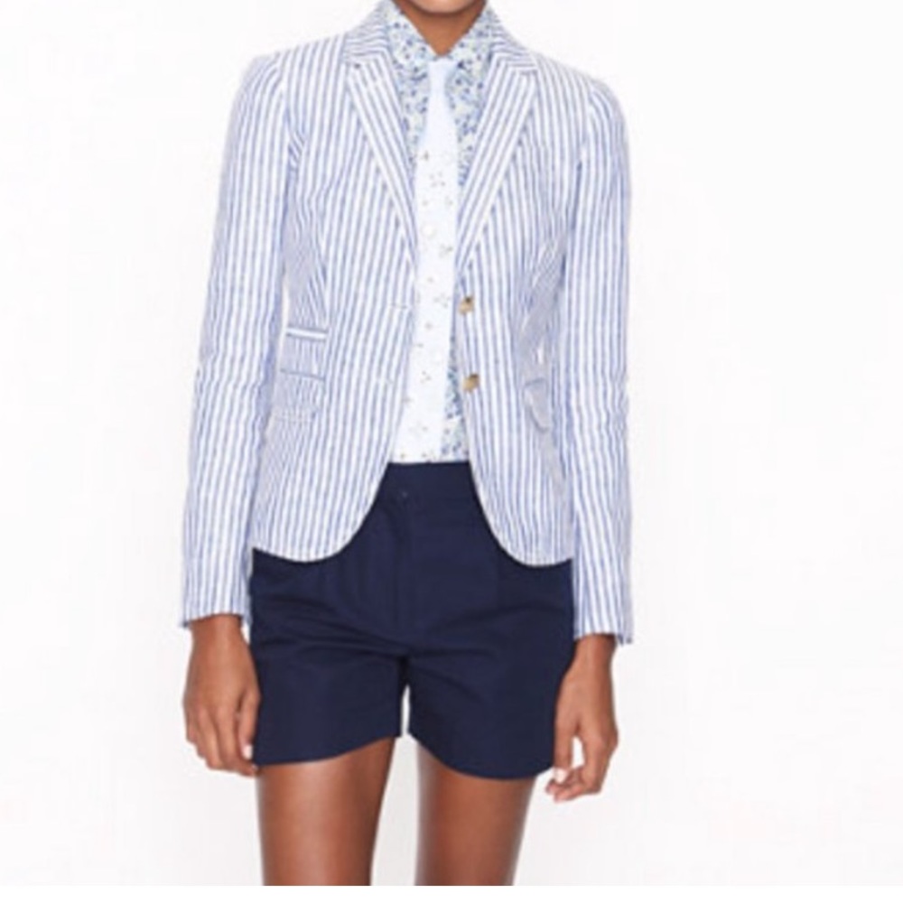 J Crew Schoolboy Blazer Linen Stripe Blue White Gold Button Nautical Size 2 - Picture 4 of 8